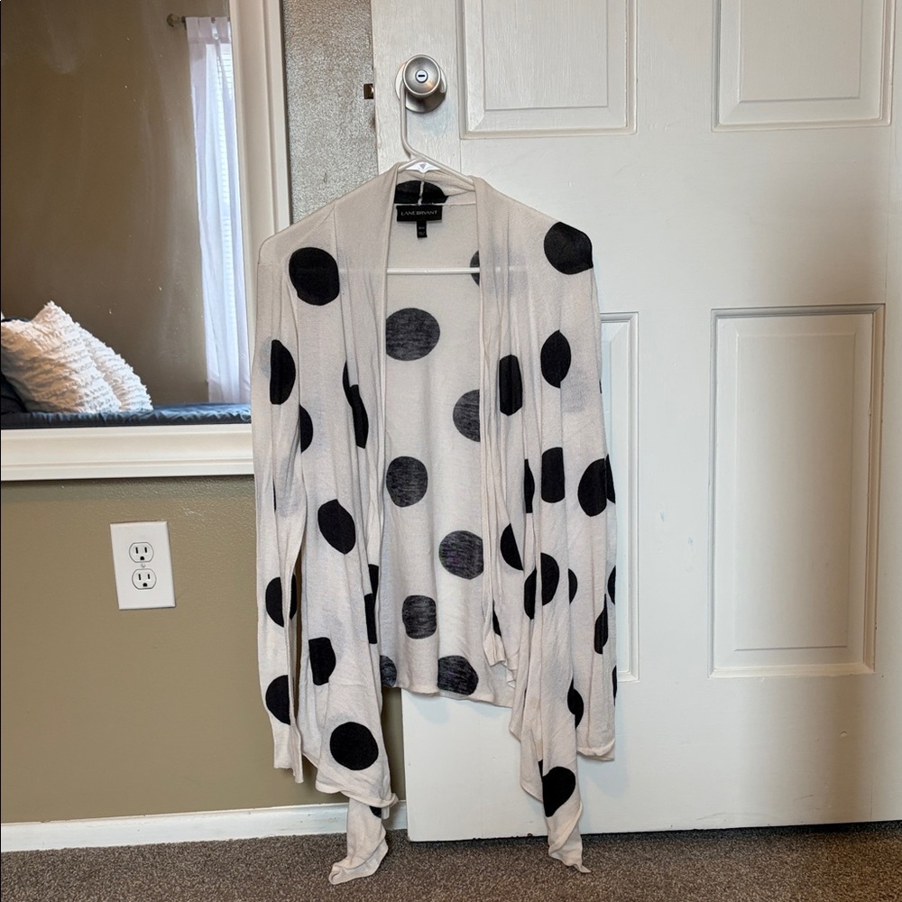 Lane Bryant Cream and Black Polka Dot Open Cardigan